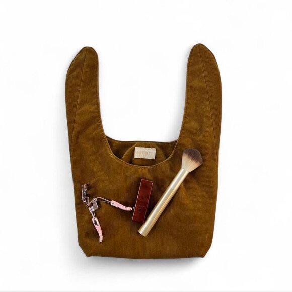 Merit Brown Corduroy Cosmetic Bag Tie Handles Boho Earth-Tone Travel Soft Utilit - Picture 3 of 6